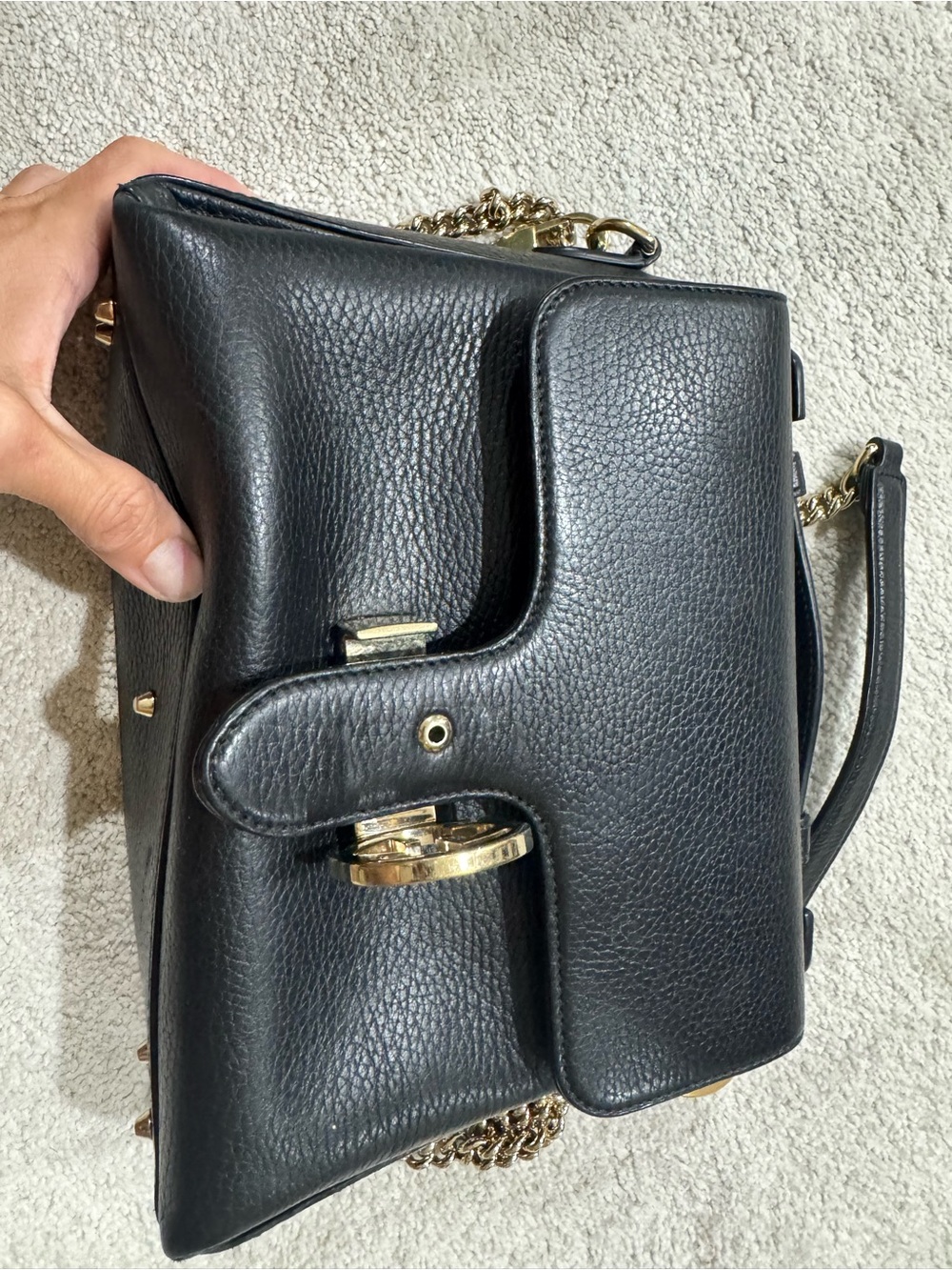 Gucci Black Pebbled Leather Shoulder Bag with Gold Chain